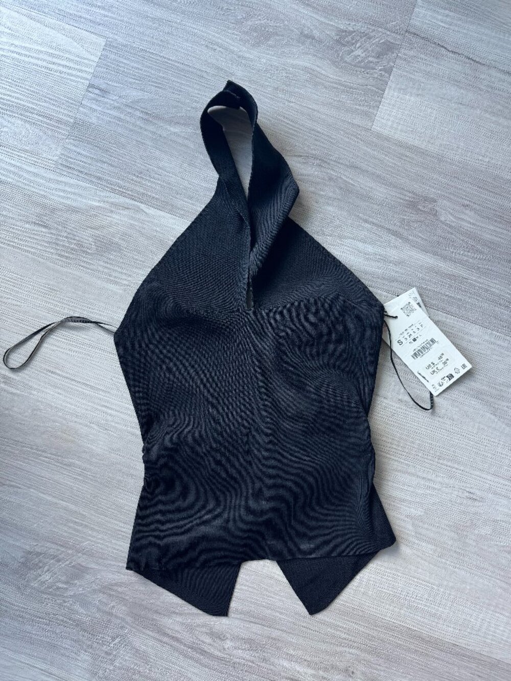 Zara Ruched Knit Halter Top V Neck Open Back Covered Buttons Black S NWT - Picture 10 of 14